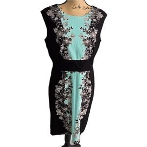 London Times Black and Aqua Color Block Floral Sheath Career‎ Dress Size 10